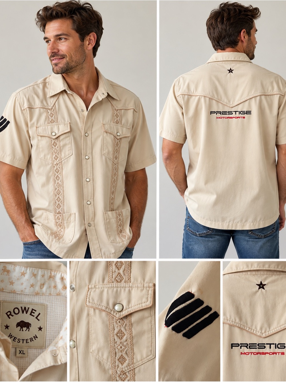 Rowel Western Pearl Snap Guayabera Performance Shirt Cream Men’s XL